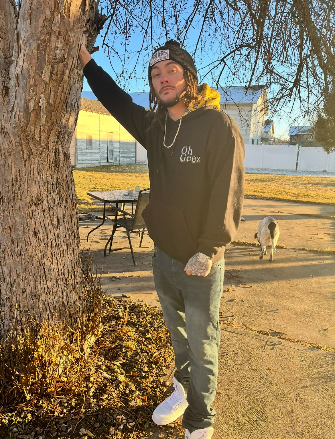All Good In the Hood Oh GeeZ Throw Back (2023) Black & Gold pullover hoody with Bandana in Hood