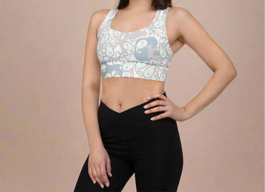Light Blue, Grey & Brown Floral BIBS Custom Paisley Camo Combo All-Over Print Recycled Longline Sports Bra