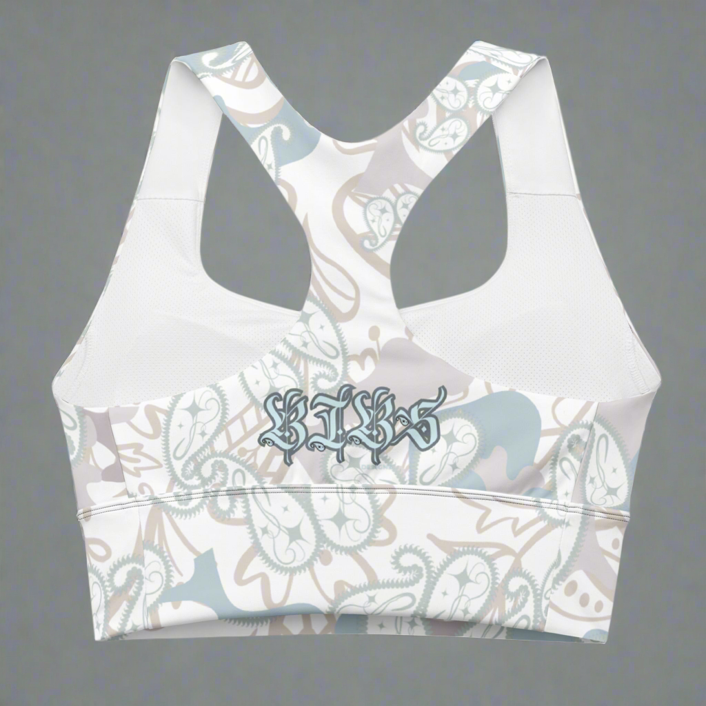 Light Blue, Grey & Brown Floral BIBS Custom Paisley Camo Combo All-Over Print Recycled Longline Sports Bra