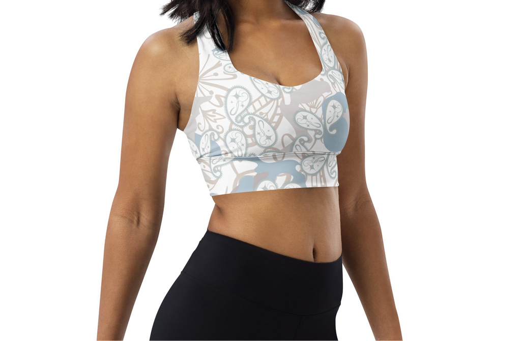 Light Blue, Grey & Brown Floral BIBS Custom Paisley Camo Combo All-Over Print Recycled Longline Sports Bra