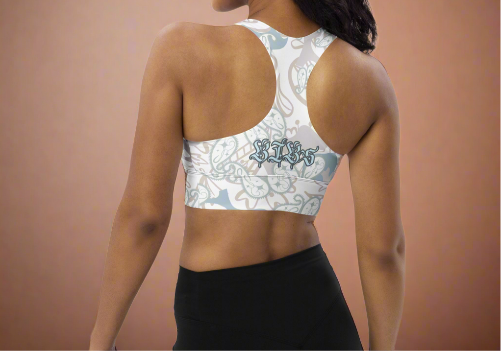 Light Blue, Grey & Brown Floral BIBS Custom Paisley Camo Combo All-Over Print Recycled Longline Sports Bra