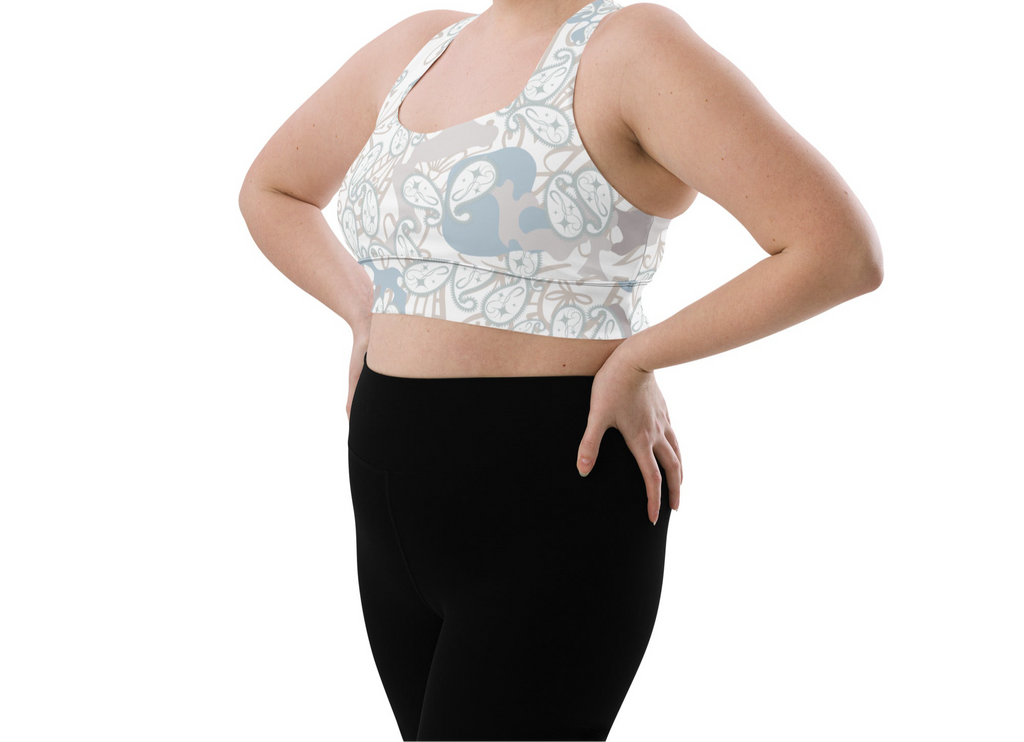 Light Blue, Grey & Brown Floral BIBS Custom Paisley Camo Combo All-Over Print Recycled Longline Sports Bra