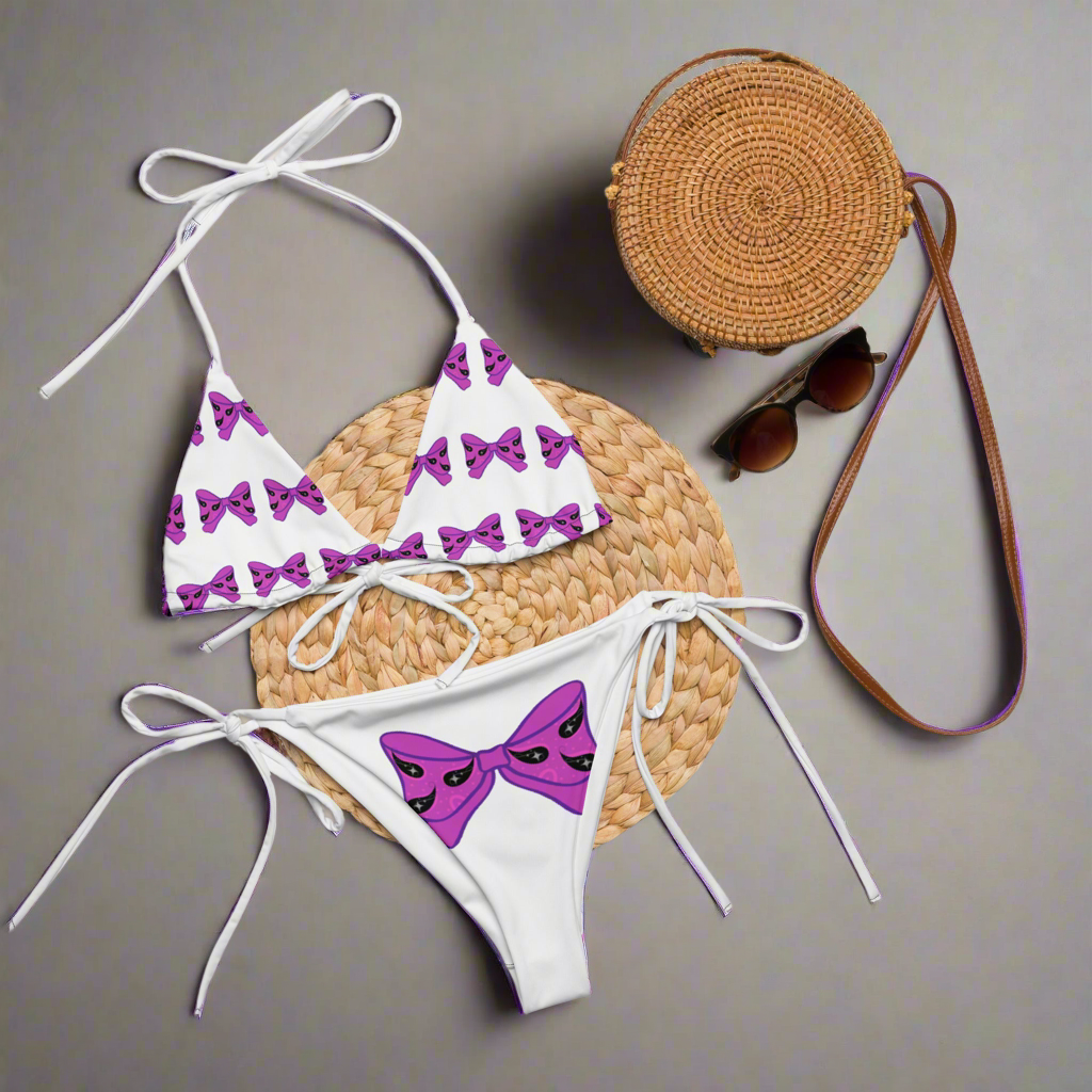Bow Baddie in Vibrant Purple Bow & Paisley All-over print recycled string bikini