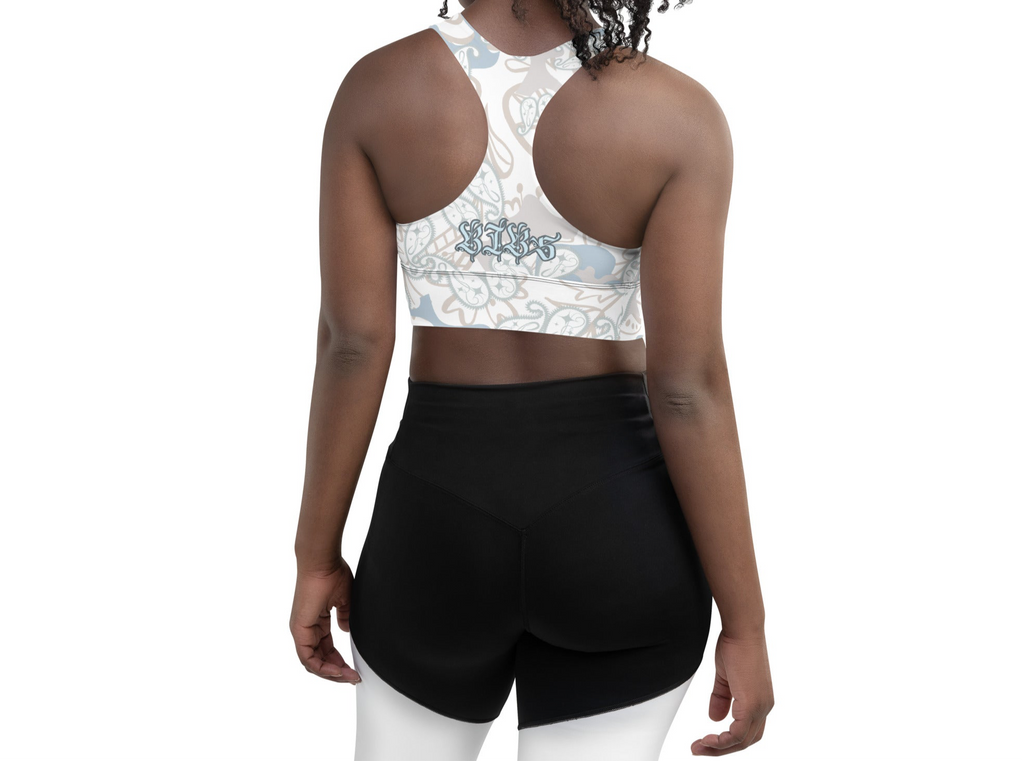 Light Blue, Grey & Brown Floral BIBS Custom Paisley Camo Combo All-Over Print Recycled Longline Sports Bra