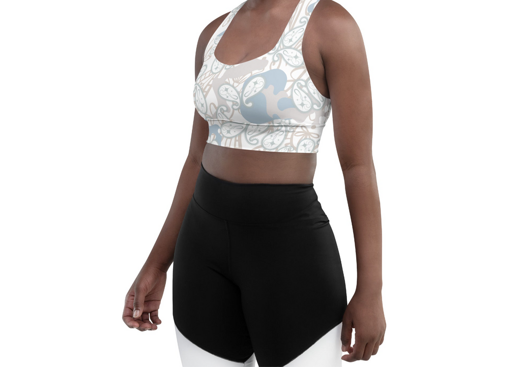 Light Blue, Grey & Brown Floral BIBS Custom Paisley Camo Combo All-Over Print Recycled Longline Sports Bra
