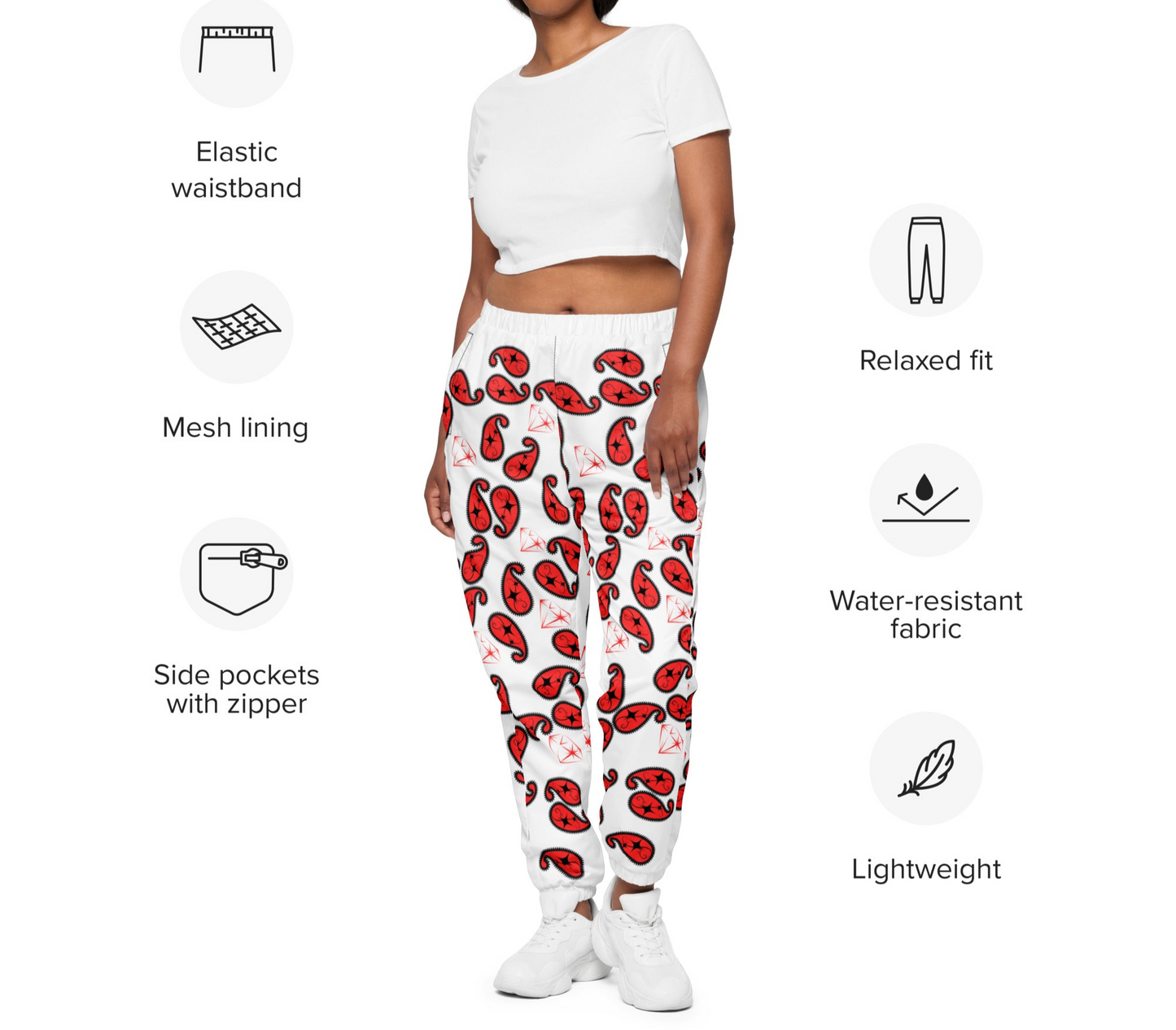 Unisex Red Black Paisley & Diamonds track pants