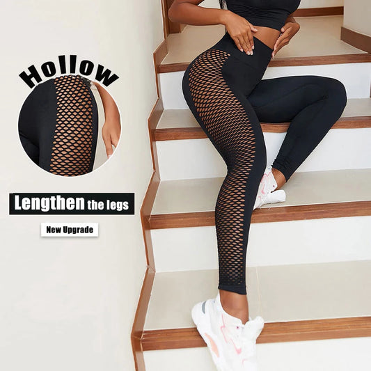 Autumn Spring hollow out fitness black women elastic thick knitted sports leggings Sexy workout high waist yoga pants bottoms