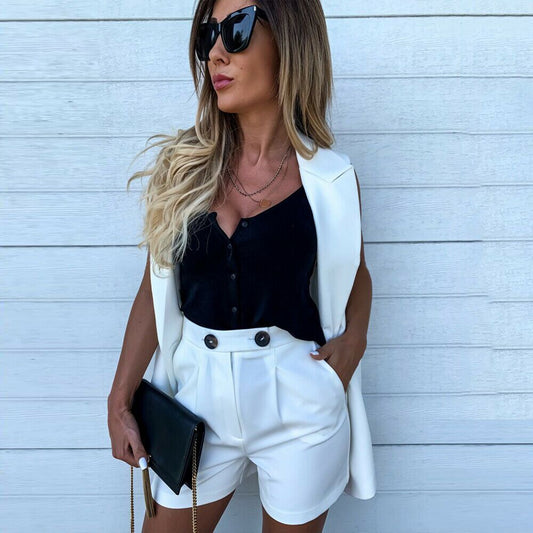 InVest in a Blazer Vest Suit Set Office Hot Long Sleeveless Top with Matching High Waist Pleated Shorts Two Piece Set