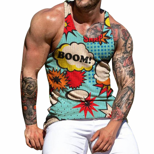 Boom O Neck Muscle Tank Bodybuilding Throw Back Print