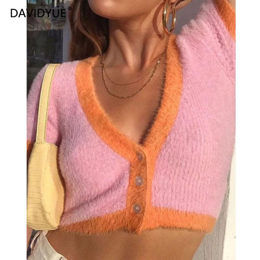 Fuzzy Bright Cardigan Crop V-Neck Button Up Sweater Delight