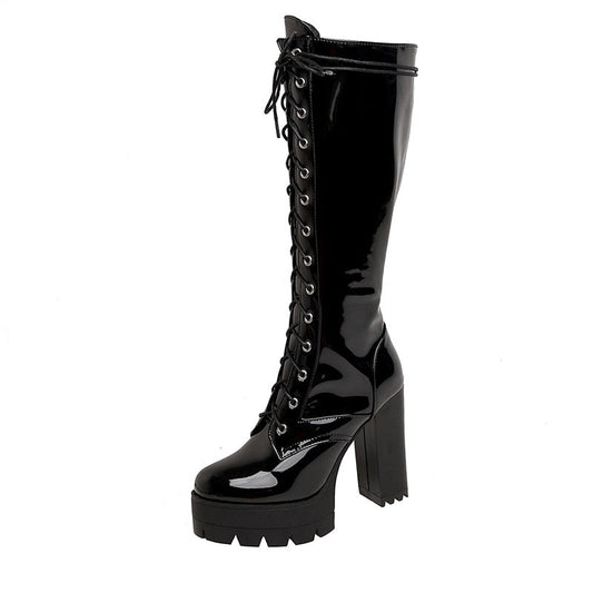 Pumped Up in Patent Leather Knee High Boots Lace Up High Heels