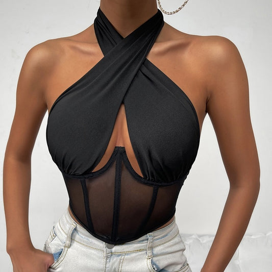 Cross Halter Corset Bustier Mesh Bone Tank Tops Women Tie Up Wrap Tube Tops Backless Slim Fit Cut Out Front Tops