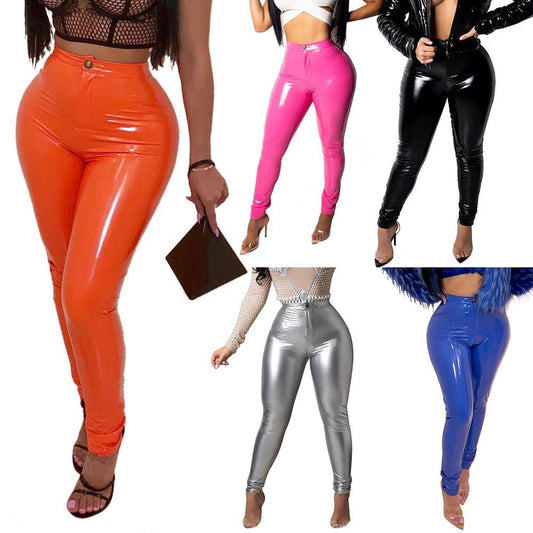 Bright Foxy Shine Faux Leather Pants Women's High Waist Skinny Pencil Fit Swag