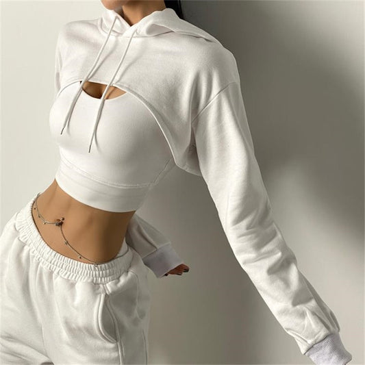Sporty Spice Cut Out Crop Top Long Sleeves Hoodie Sweatshirt Gym Workout Yoga Cover Up
