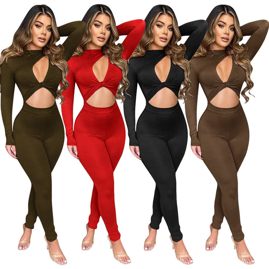 Sexy Solid Cut Out Twist Rompers Casual Sport Fitness Hollow Out One Piece Jumpsuit