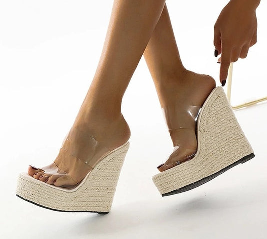Transparent Peep Toe Cane Straw Weave Platform Women Wedge Sandals